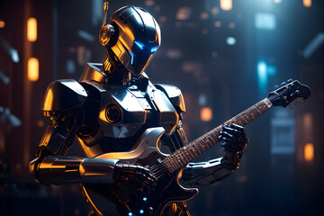 A concept of a modern robot playing a guitar - obrazy, fototapety, plakaty