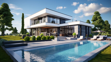 perspective of luxury modern house with swimming pool - obrazy, fototapety, plakaty