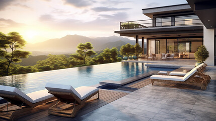 Fototapeta premium perspective of modern building with terrace and swimming pool at sunset