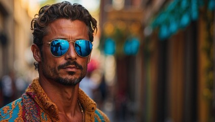 close-up man with tanned skin, beard and sunglasses on latin streets