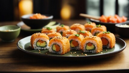 Delicioso sushi sobre una fuente en un restaurante