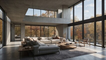 a living room with large windows, a minimalist white room, with autumn trees in the background