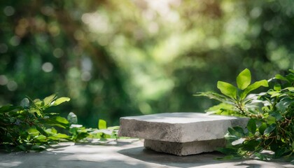 Conscious Display: Green Backdrop Enhances Natural Stone and Concrete Podium Showcase