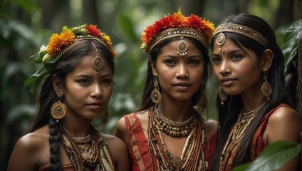 indigenous women in the jungle, traditional costumes - obrazy, fototapety, plakaty