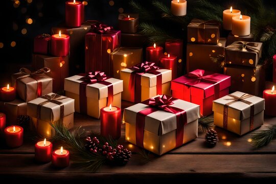 Create an enchanting AI-generated image capturing the beauty of gift boxes arranged on a rustic wooden table. 

