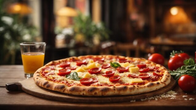large pepperoni pizza with tomatoes and orange juice