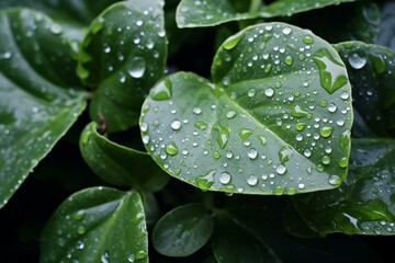 Close-up view of dew drops on foliage. Generative AI