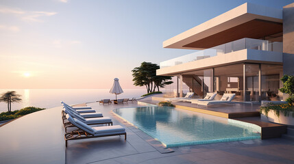 perspective of modern building with terrace and swimming pool at sunset