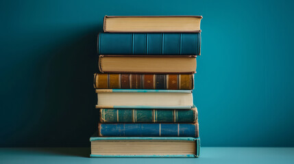 Vintage books stacked neatly against a tranquil blue backdrop - obrazy, fototapety, plakaty