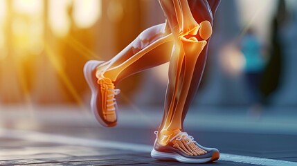 Illustration of a running man with painful knee joint highlighted, kneecap. Problem of joint diseases, medical topics. 3D rendering illustration - obrazy, fototapety, plakaty