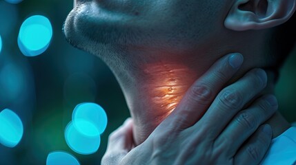 A persone holding neck with a painful focus in the thyroid gland, hyperthyroidism, autoimmune disease, thyroid ultrasound diagnosis, medical center