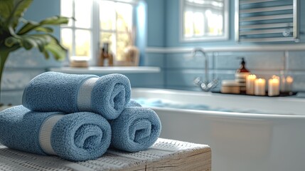 Blue folded towels lie in the bathroom, home spa care, relaxation, self-care