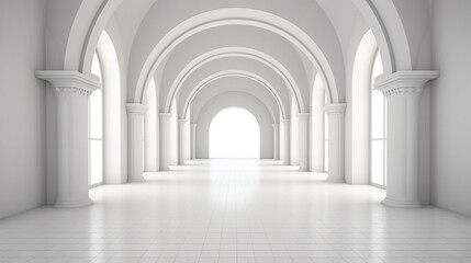 view of empty white room with arch design and concrete with sunlight