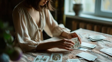 Young woman lays out tarot cards on the table, fortune telling, predicting the future. Astrology theme