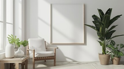 Modern natural simple interior living room with armchair and many plants. Copy space empty white frame for text on the wall