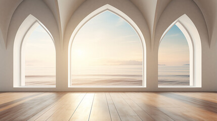 simple elegant view of interior space with arch window design with wooden floor and sunlight - obrazy, fototapety, plakaty