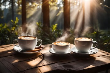 Fototapeta premium Picture an enchanting AI-generated image portraying two cups of hot cappuccino set on a wooden table outdoors.