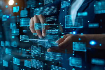 Efficient document management involves businessmen using a digital system to check and handle electronic documents on virtual screens, enhancing paperless operations through process automation.