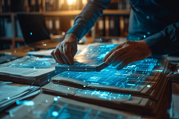 Efficient document management involves businessmen using a digital system to check and handle electronic documents on virtual screens, enhancing paperless operations through process automation.