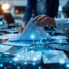 Efficient document management involves businessmen using a digital system to check and handle electronic documents on virtual screens, enhancing paperless operations through process automation.
