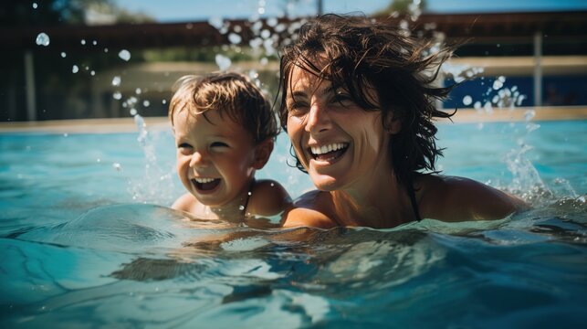 _child_playing_in_the_pool_together_with_mother  image blurred background
