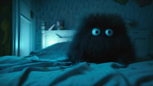 Сhild had nightmare. Scary funny fluffy monster sit on bed. Spooky creepy creature. Insomnia or sleep paralysis concept. Bad dream. Anxiety stress problem. Monster or demon wolf. Mental health.