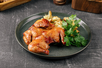 Portion of gherkin chicken with baked vegetables