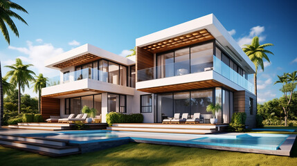 beautiful view of modern house on Australian style on blue sky - obrazy, fototapety, plakaty