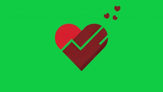 Animated red heart splits into two halves along the zigzag line, revealing a pulsing heartbeat inside, smaller hearts fly out isolated reen background.