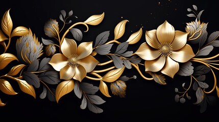 abstract_black_and_gold_and_white_floral_pattern_ on black background