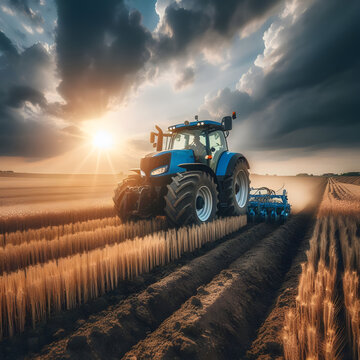 Fototapeta  tractor working in fields. Green powerful agricultural tractor plows field with dense earth. green tractor in spring field work. agricultural works. tillage. Tractor drives across large field making.