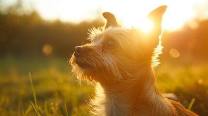 A small dog enjoys the warm sunlight in a serene golden hour setting.