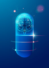 graphic of realistic transparent pill with futuristic brain inside, concept of medical treatment for human brain