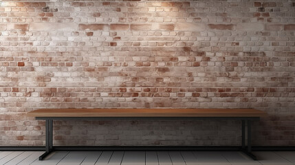wooden table in dark brick wall room for advertising - obrazy, fototapety, plakaty