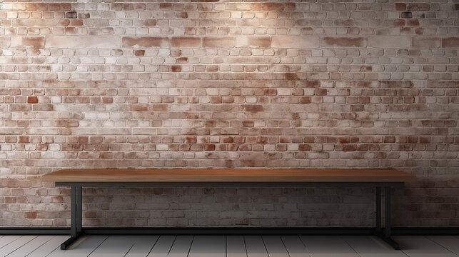 wooden table in dark brick wall room for advertising