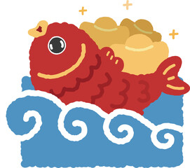 A red fish rides the blue waves, carrying treasures of gold and silver.
In China, it is called the representative picture of having more than enough every year.
