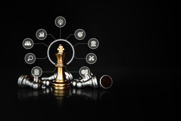 King on falling chess with teamwork icons concepts of leadership or wining challenge strategy and...