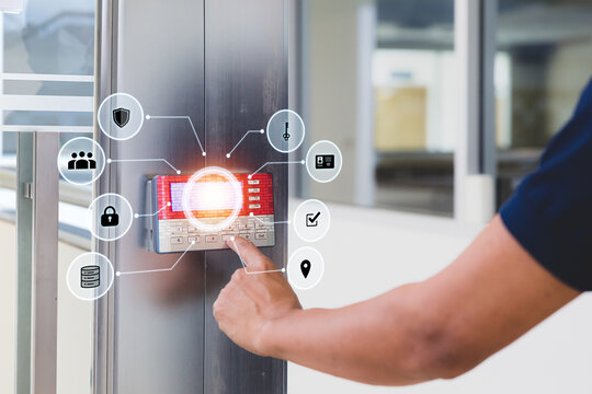 Proximity card door unlock, Hand security man using fingerprint scan on ID card reader access control system for identity verification to open the door or for security safety or check attendance.