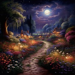 Flower garden both sides road moon light images Generative AI