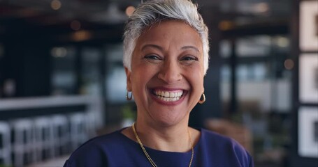 Business, woman and laughing or funny in office with confidence and pride for professional career. Entrepreneur, mature person and portrait of happy employee with joke, comedy and cheerful at work