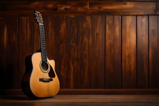 Craft a sublime AI-generated image featuring an acoustic guitar placed against a blank wooden plank panel grunge background, with perfect lighting to accentuate the intricate details of the instrument