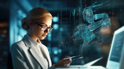 Futuristic cyber business and intelligence robotic working concept in modern global business