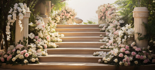 Fototapeta na wymiar stairway surrounded by a heavenly garden with flowers