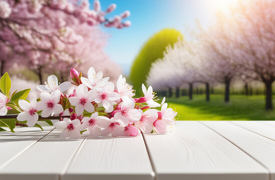 white table close-up, place for a photo, spring in a pink blooming garden, clear sunny day, flowers on the branches