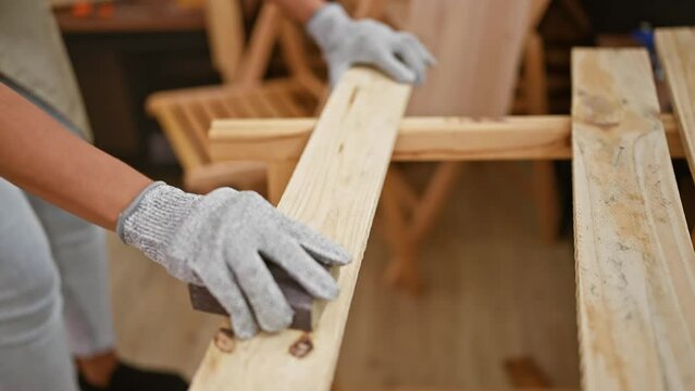 Hispanic woman carpenter at work, sanding wood plank with her hands at indoor carpentry workshop