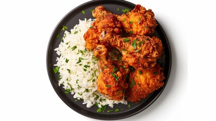Crispy fried chicken with aromatic rice, presented on a sleek black plate and isolated against a clean white background