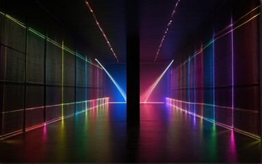 Colorful laser lights on a wall of plain black background from AI Generated