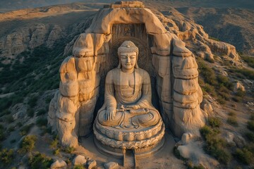 Fototapeta premium Huge Buddha statue carved out of stone in a mountain, aerial view