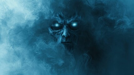 Eerie Monster Face Emerging from Smoke, Capturing a Haunting Vibe, Ideal for Horror Enthusiasts, Haunted House Decorators, and Halloween Party Planners