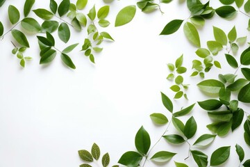 Seamless frame of green leaves on a white background. Generative AI
